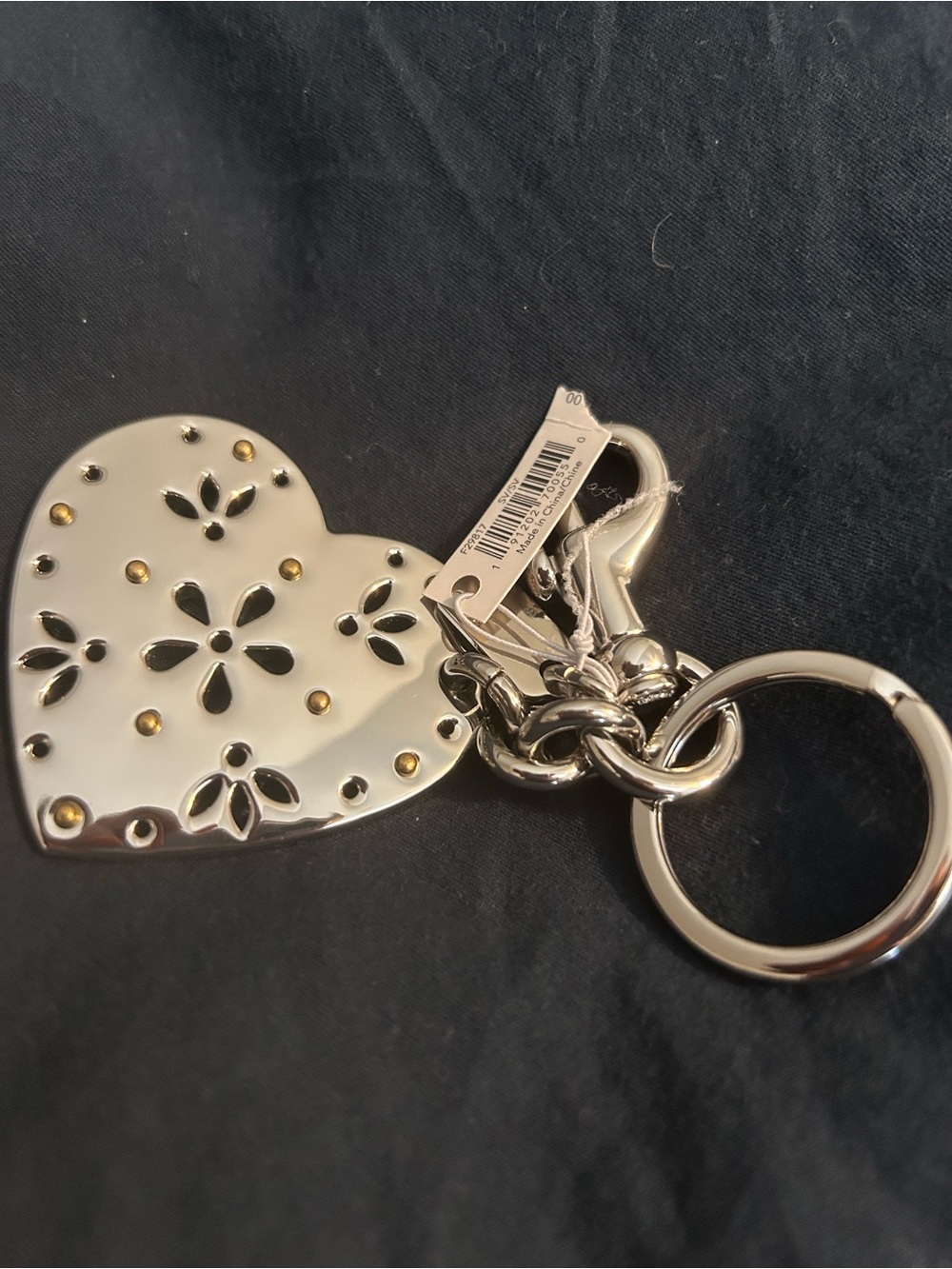 Coach Silver Heart Key & Card Holder Charm with Gold Accents